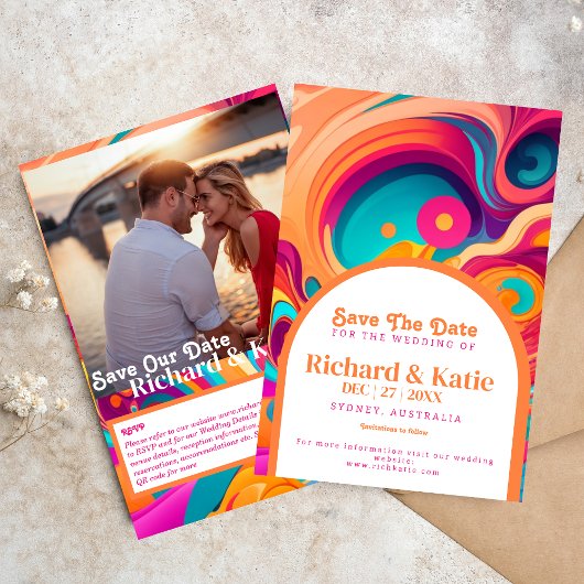 Groovy Retro Orange rosa Save the Date abstrakt Einladung