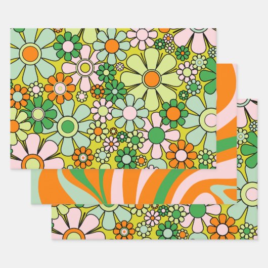 Groovy Retro Patterns 60er 70er Orange Green Geschenkpapier Set (Set)