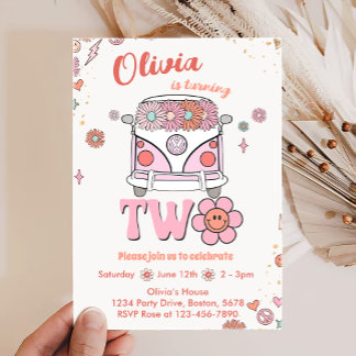 Groovy Retro Pink Blume 2. Geburtstag Einladung