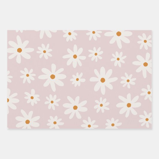 Groovy Retro Pink Brown Daisy Floral Geschenkpapier Set (Vorderseite)