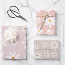 Groovy Retro Pink Brown Daisy Floral Geschenkpapier Set