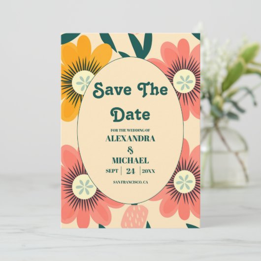 Groovy Retro Pink & Gold Wedding Save The Date (Stehend Vorderseite)