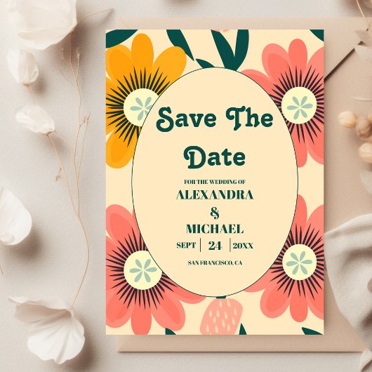 Groovy Retro Pink & Gold Wedding Save The Date