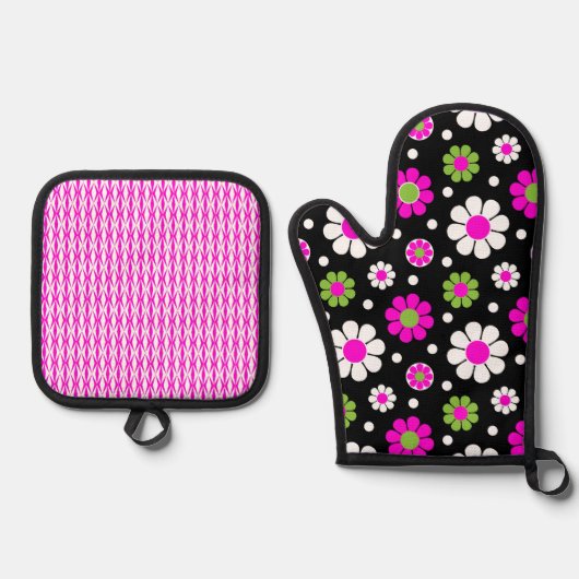 GROOVY RETRO PINK GREEN WHITE DAISY BLUME OFENHANDSCHUH & Topflappen-Set (Vorderseite)