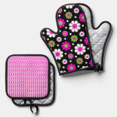 GROOVY RETRO PINK GREEN WHITE DAISY BLUME OFENHANDSCHUH & Topflappen-Set (Vorderseite/Rückseite)