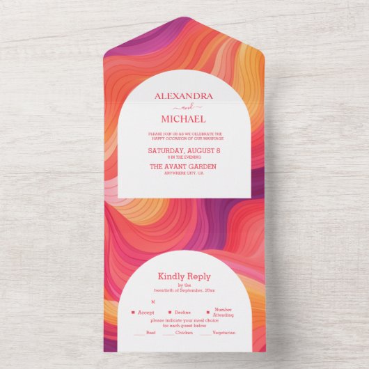 Groovy Retro Pink und Orange Arch Wedding All In One Einladung (Innen Boden)