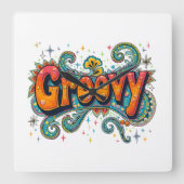 Groovy Retro Psychedelic 70er Funky Hippie Art Quadratische Wanduhr (Vorderseite)