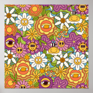 Groovy Retro Psychedelic Flower Garden Muster Poster