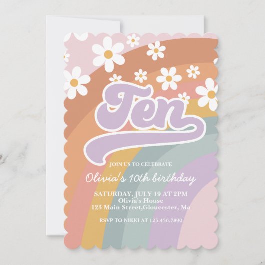 Groovy Retro Rainbow 10. Geburtstag Einladung (Vorderseite)