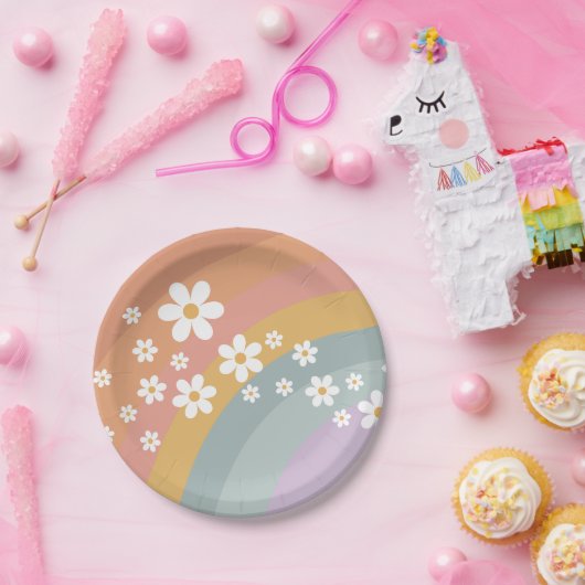 Groovy Retro Rainbow and Daisy Paper Plate Pappteller (Party)