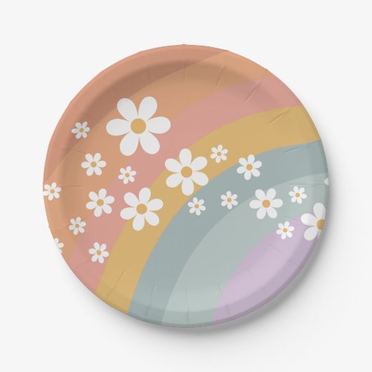 Groovy Retro Rainbow and Daisy Paper Plate Pappteller (Vorderseite)