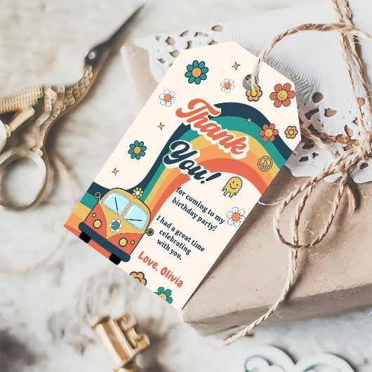 Groovy Retro Rainbow Birthday Party Geschenkanhänger