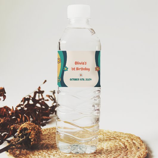 Groovy Retro Rainbow Birthday Party Wasserflaschenetikett