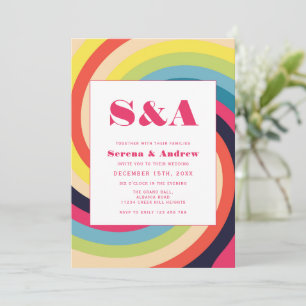 Groovy Retro Rainbow Colorful Wedding Einladung