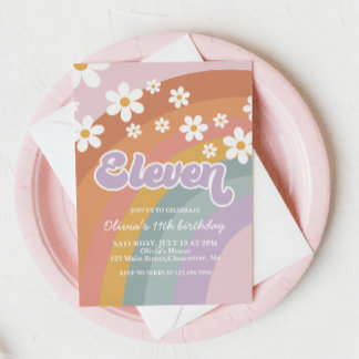 Groovy Retro Rainbow Eleventh Birthday Einladung