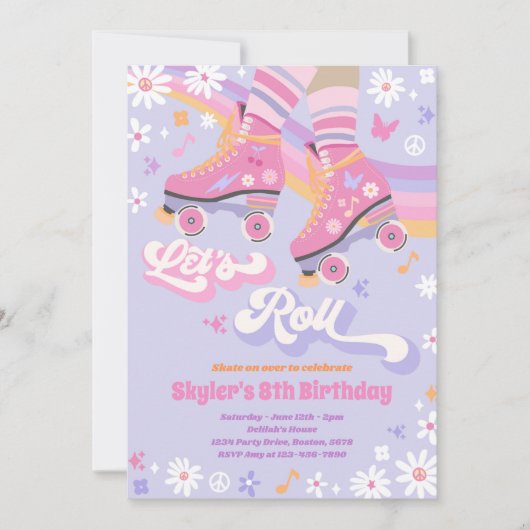 Groovy Retro Rainbow Roller Skaten Birthday Party Einladung (Vorderseite)