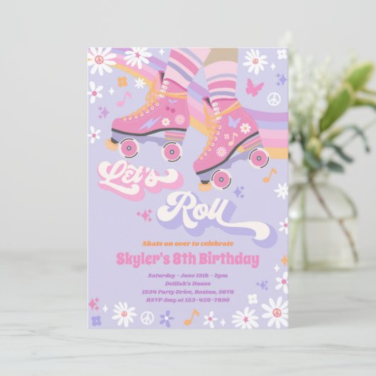 Groovy Retro Rainbow Roller Skaten Birthday Party Einladung (Stehend Vorderseite)