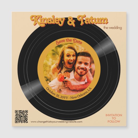 Groovy Retro Record Foto Magnet Save the Date QR (Vorderseite)
