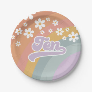 Groovy Retro Regenbogen 10. Geburtstag Papier Tell Pappteller