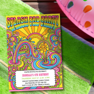 Groovy Retro Regenbogen-Splash-Pad Kindergeburtsta Einladung