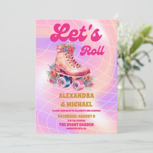 Groovy Retro Roller Skaten Wedding Einladung (Stehend Vorderseite)