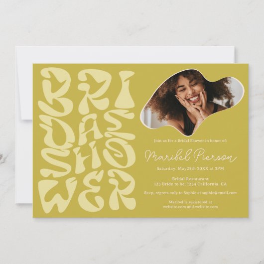 Groovy Retro Script chic green Foto Brautparty Einladung (Vorderseite)