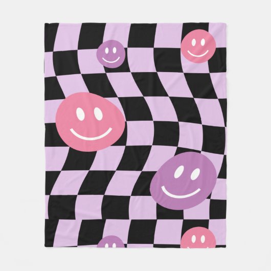 Groovy Retro Smiley Checkerboard, Y2K 90s Fleecedecke (Vorderseite)