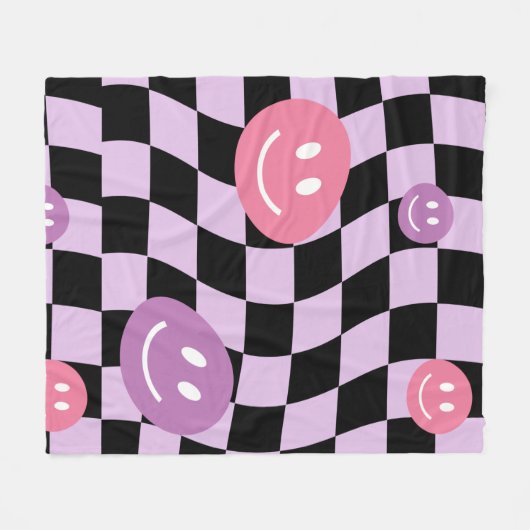 Groovy Retro Smiley Checkerboard, Y2K 90s Fleecedecke (Vorderseite (Horizontal))