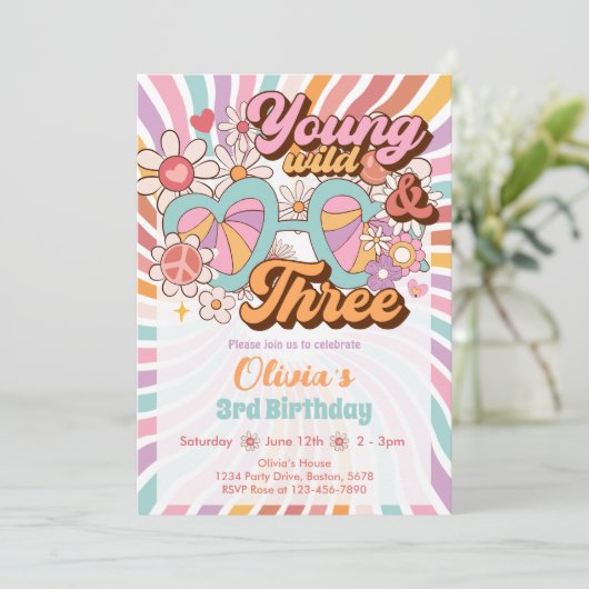 Groovy Retro Summer 3. Geburtstag Einladung (Stehend Vorderseite)