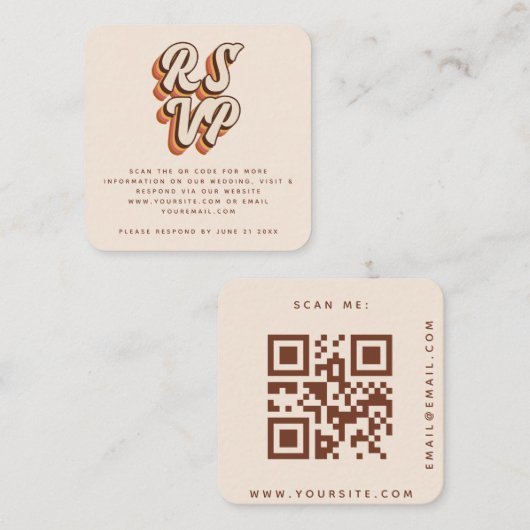 Groovy Retro Typografie 70er QR Code Wedding RSVP Begleitkarte (Vorne/Hinten)
