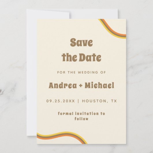 Groovy Retro Typografie & Rainbow Stripes 60er 70e Save The Date (Rückseite)
