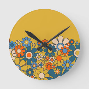 Groovy Retro Vintage Ästhetik Blumen Runde Wanduhr
