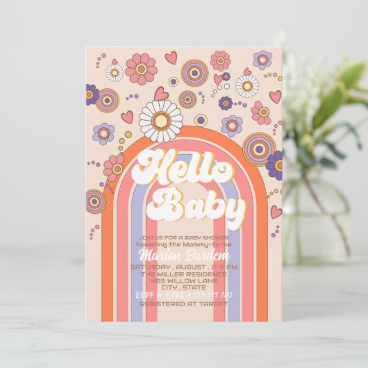 Groovy Retro Wasserfarbe Hallo Babydusche Einladung (Stehend Vorderseite)