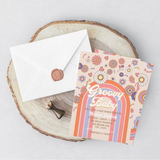 Groovy Retro Wasserfarben Babydusche Einladung