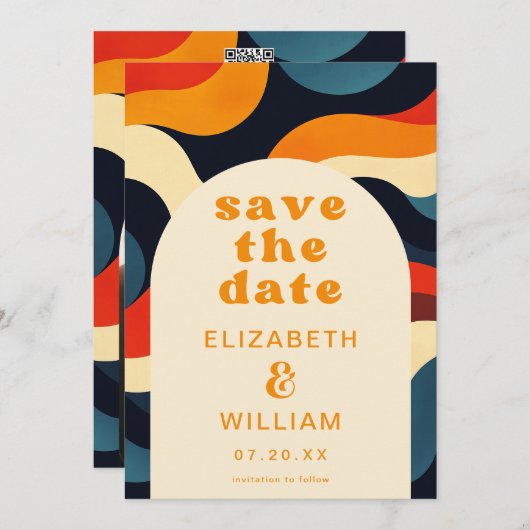 Groovy Retro Wavy Boho Wedding Foto QR Code Save The Date (Vorne/Hinten)