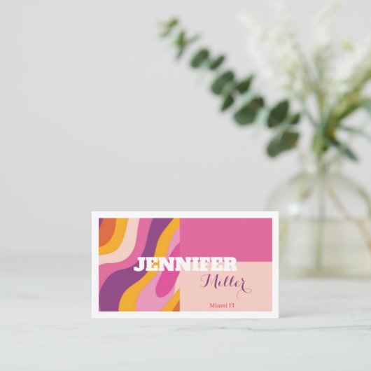 Groovy Retro Wavy Lines Social Media QR-Code Visitenkarte (Stehend Vorderseite)