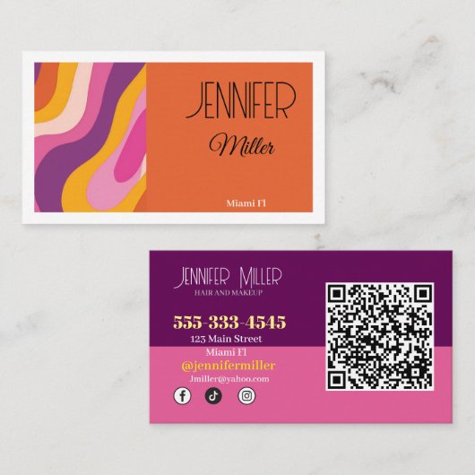 Groovy Retro Wavy Lines Social Media QR-Code Visitenkarte (Vorne/Hinten)