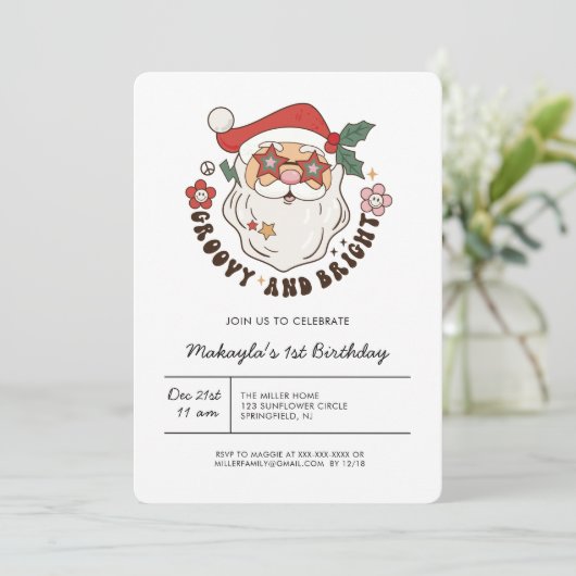 Groovy Retro Weihnachten Geburtstag Einladung (Stehend Vorderseite)