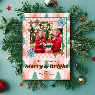 Groovy Retro Weihnachtsbäume Muster Bilderrahmen Feiertagskarte