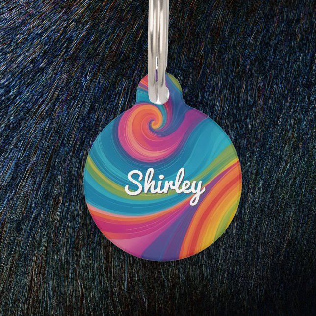 Groovy Retro Wirbel Farbenfroh Personalisiert Haustiermarke (A groovy, personalized dog ID tag, with colorful retro swirls design)