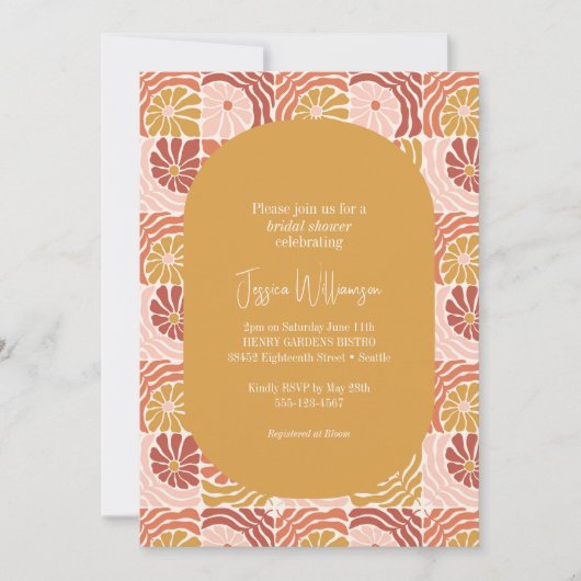 Groovy Retro Yellow Pink Rote Botanische Dusche Einladung (Vorderseite)