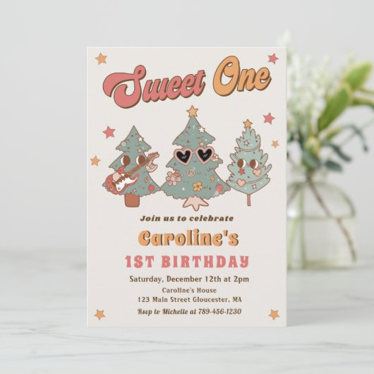 Groovy Rockin Weihnachtsbaum Hippie Birthday Einladung (Stehend Vorderseite)