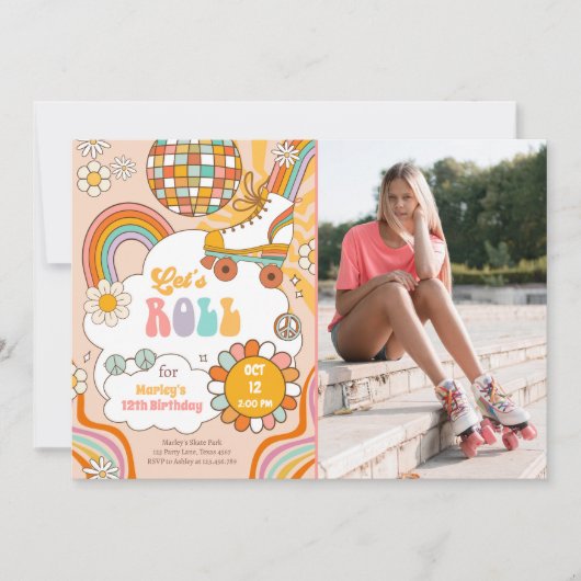 Groovy Roller Skate Retro 70er Rainbow Birthday Einladung (Vorderseite)