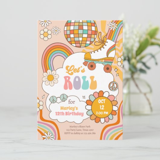 Groovy Roller Skate Retro 70er Rainbow Birthday Einladung (Stehend Vorderseite)