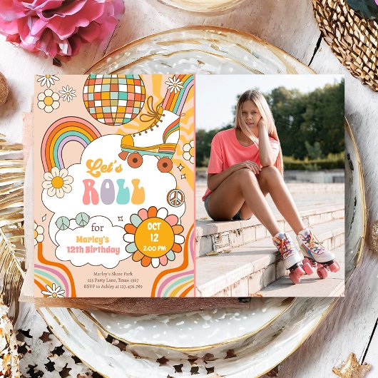 Groovy Roller Skate Retro 70er Rainbow Birthday Einladung