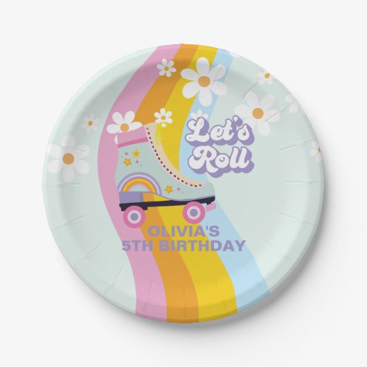 Groovy Rollerskating Retro Rainbow Birthday Pappteller (Vorderseite)