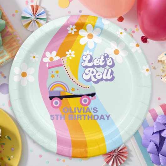Groovy Rollschuh Retro Regenbogen Geburtstag Pappteller