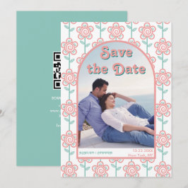 Groovy rosa und aqua Blume 70er inspiriert Foto Save The Date