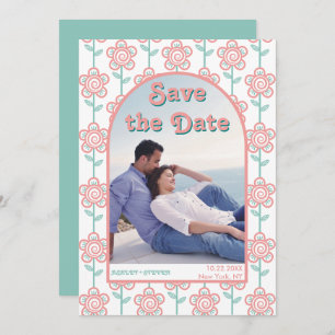Groovy rosa und aqua Blume 70er inspiriert Foto Save The Date