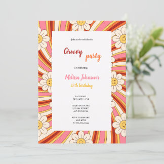 groovy rote, orange, rosa, gelbe Geburtstagsfeier Einladung